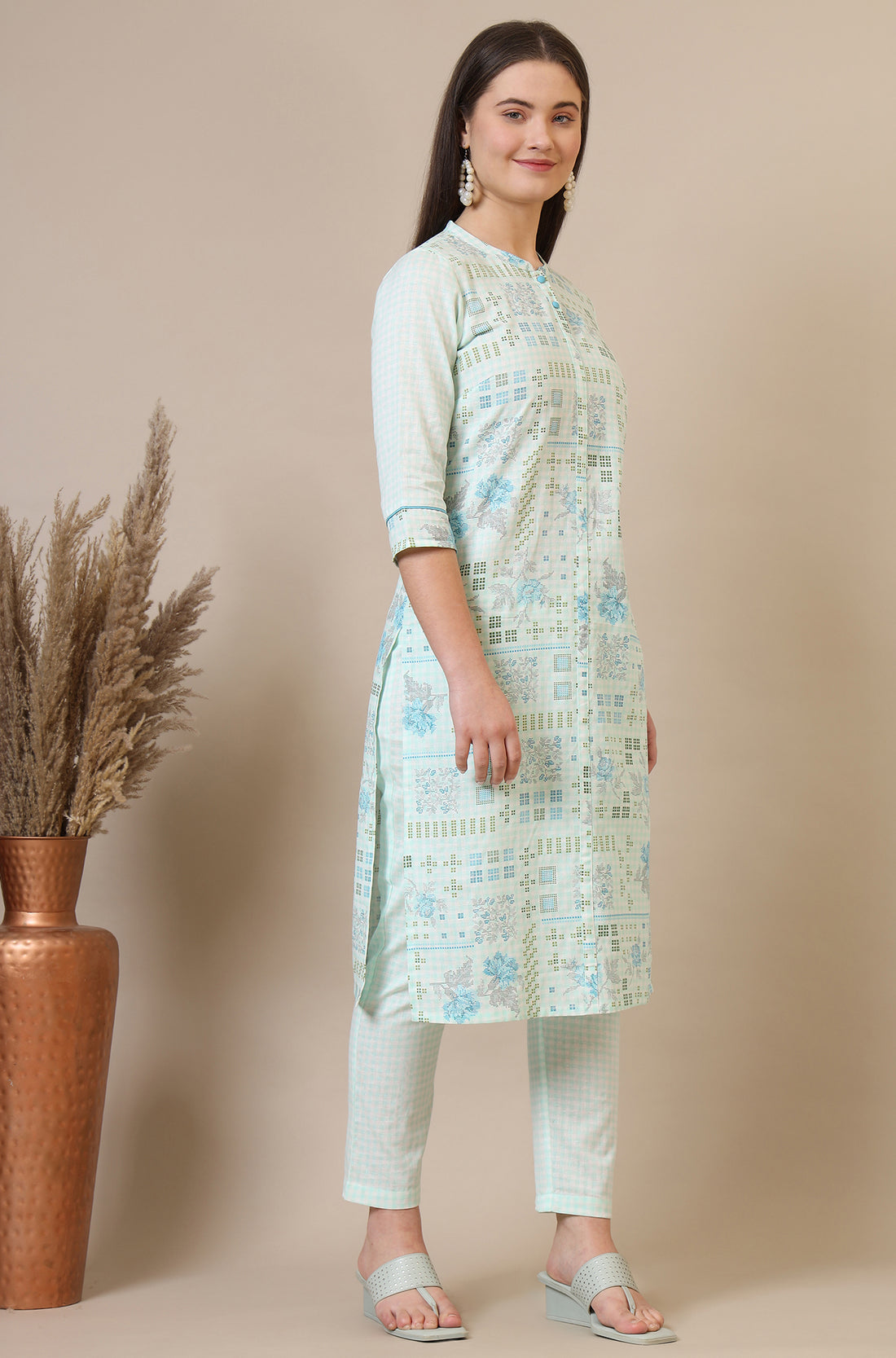 Light Blue Geometric Printed Cotton Blend Straight Kurta and Pants Co-ord Set