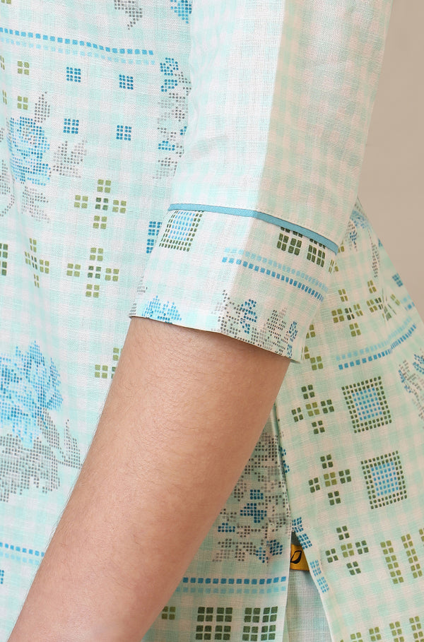 Light Blue Geometric Printed Cotton Blend Straight Kurta and Pants Co-ord Set