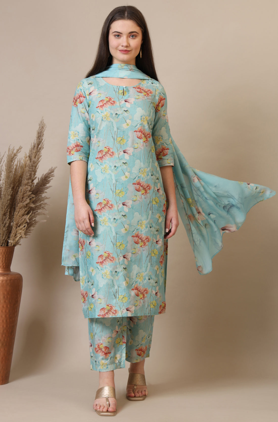Blue Floral Printed Cotton Blend Straight Kurta, Palazzos and Dupatta Set