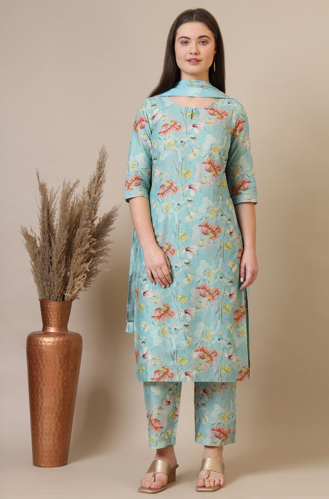 Blue Floral Printed Cotton Blend Straight Kurta, Palazzos and Dupatta Set