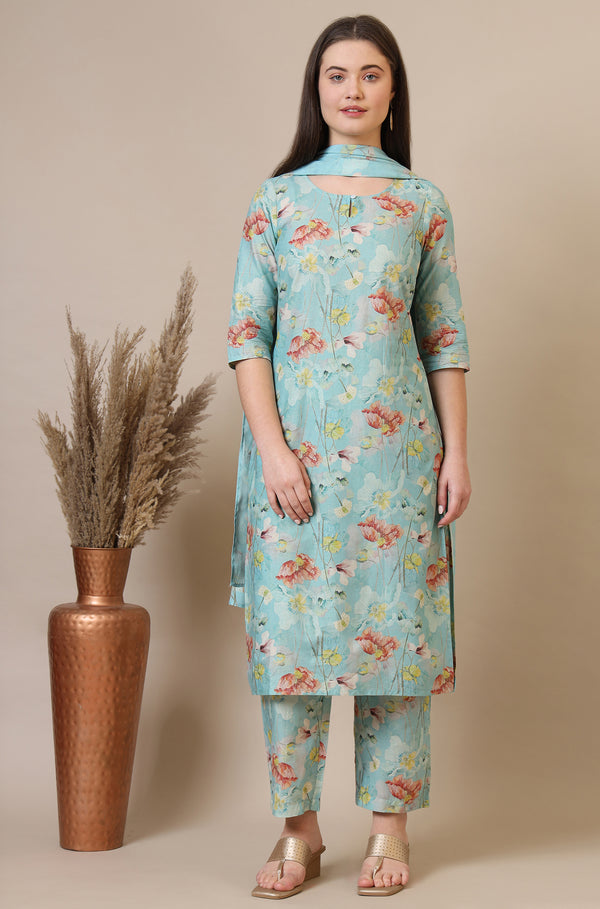 Blue Floral Printed Cotton Blend Straight Kurta, Palazzos and Dupatta Set