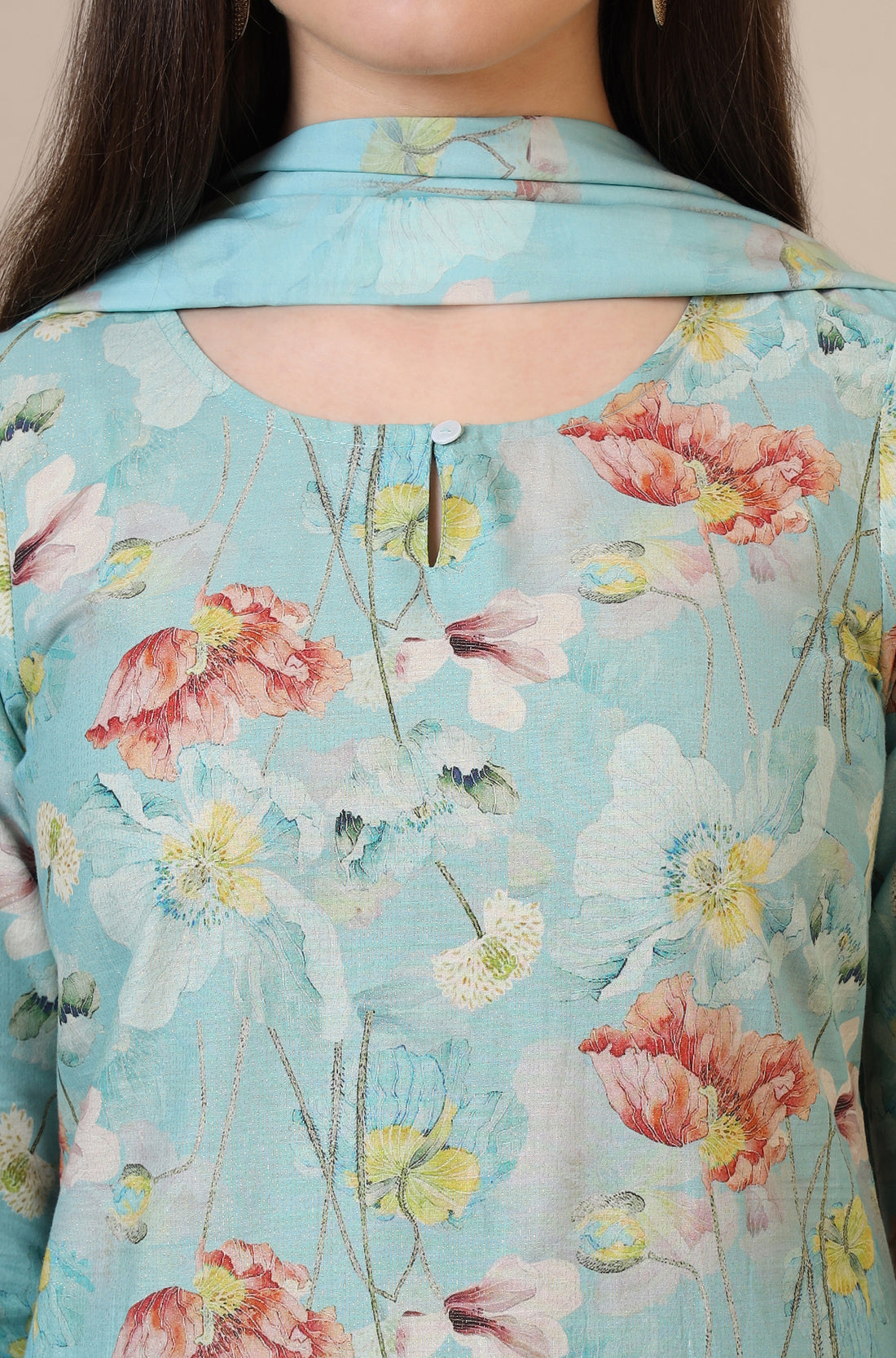 Blue Floral Printed Cotton Blend Straight Kurta, Palazzos and Dupatta Set