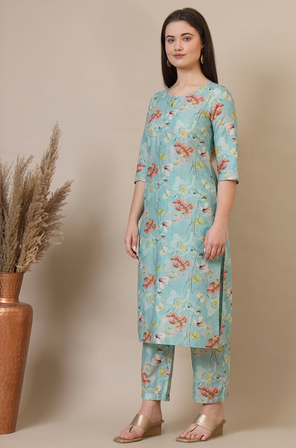 Blue Floral Printed Cotton Blend Straight Kurta, Palazzos and Dupatta Set