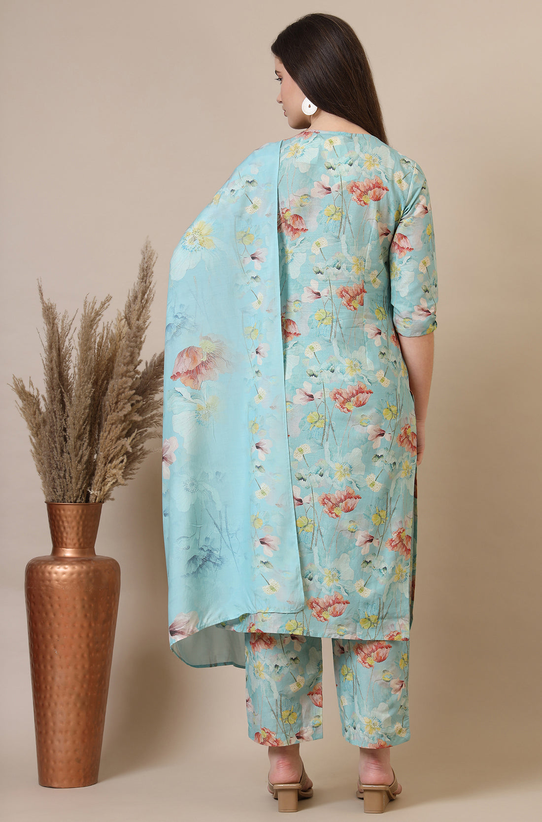Blue Floral Printed Cotton Blend Straight Kurta, Palazzos and Dupatta Set