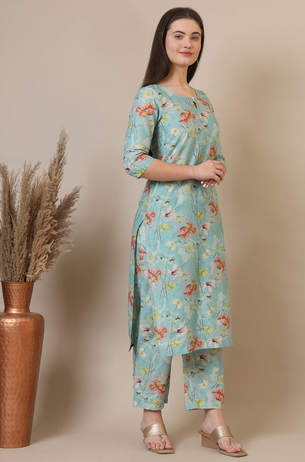 Blue Floral Printed Cotton Blend Straight Kurta, Palazzos and Dupatta Set