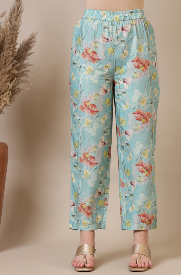 Blue Floral Printed Cotton Blend Straight Kurta, Palazzos and Dupatta Set