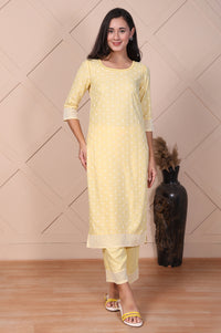 Yellow Buti Printed Lace Rayon Straight Mid Rise Calf Length Kurta with Pants Set