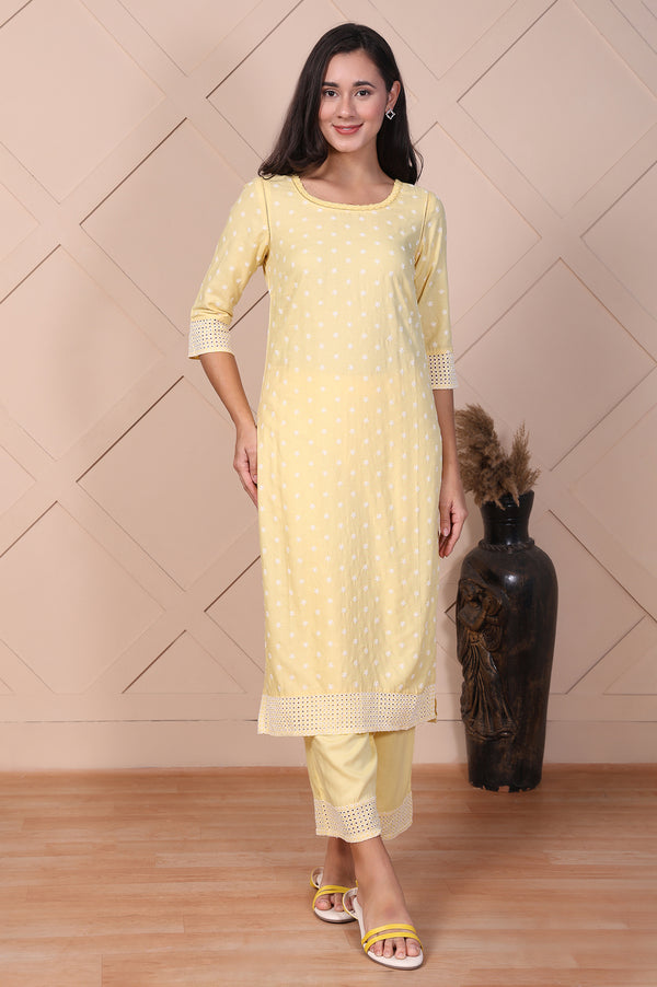 Yellow Buti Printed Lace Rayon Straight Mid Rise Calf Length Kurta with Pants Set
