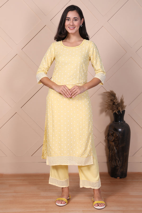 Yellow Buti Printed Lace Rayon Straight Mid Rise Calf Length Kurta with Pants Set