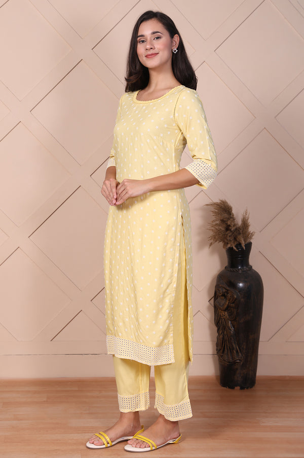 Yellow Buti Printed Lace Rayon Straight Mid Rise Calf Length Kurta with Pants Set