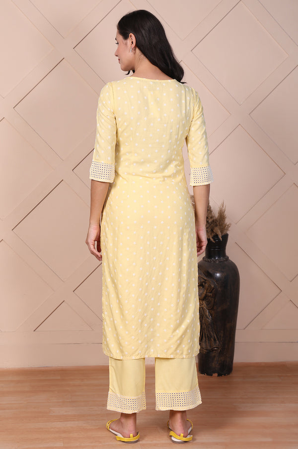 Yellow Buti Printed Lace Rayon Straight Mid Rise Calf Length Kurta with Pants Set
