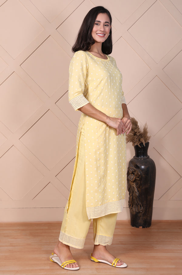 Yellow Buti Printed Lace Rayon Straight Mid Rise Calf Length Kurta with Pants Set