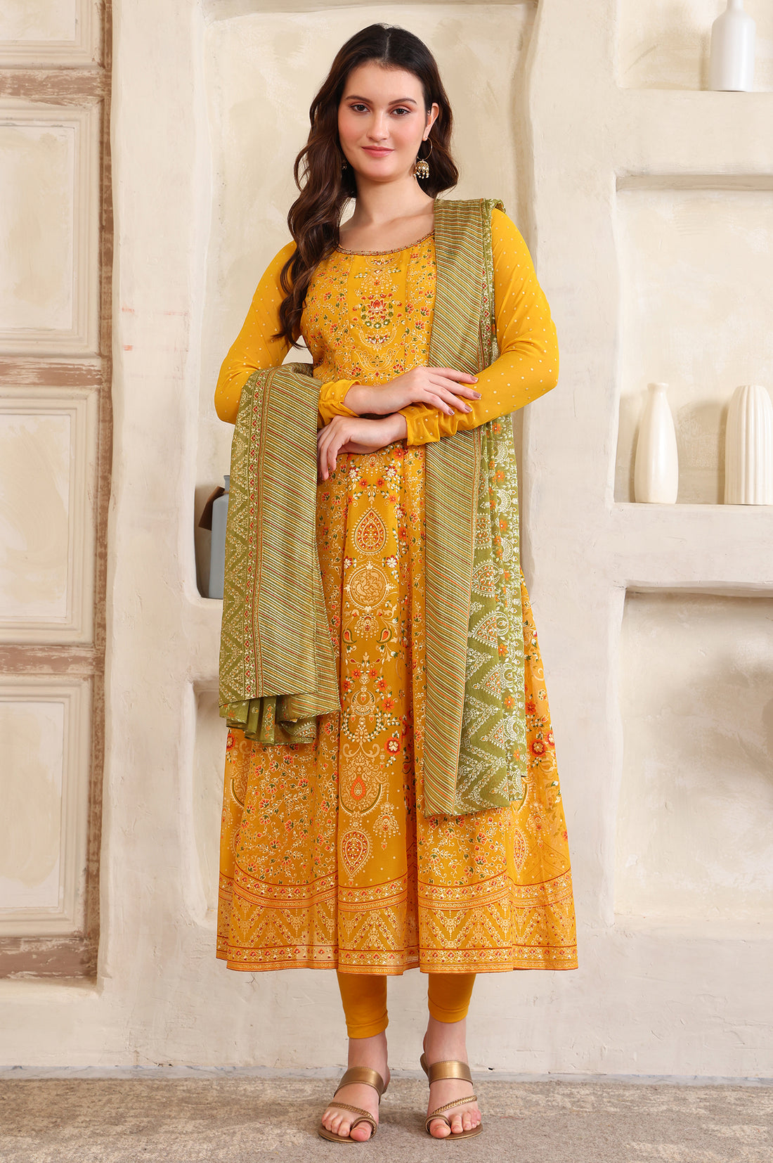 Yellow Floral Printed Hand Work Straight Georgette Kurta, Tight and Dupatta Set