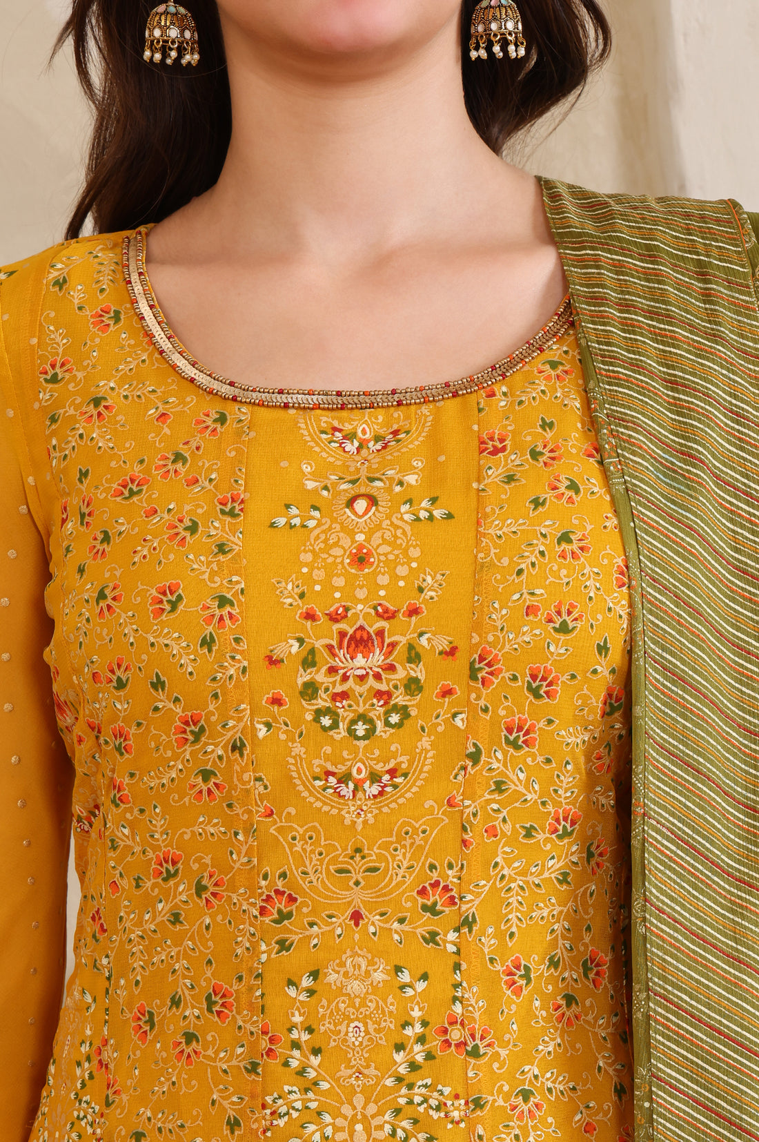 Yellow Floral Printed Hand Work Straight Georgette Kurta, Tight and Dupatta Set