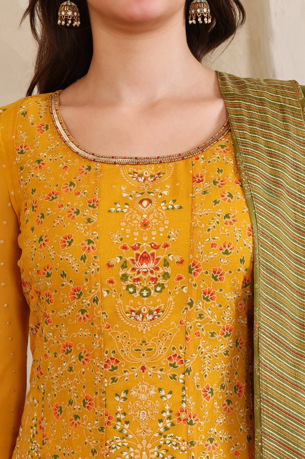 Yellow Floral Printed Hand Work Straight Georgette Kurta, Tight and Dupatta Set