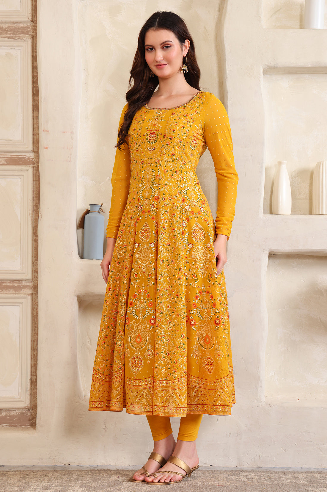 Yellow Floral Printed Hand Work Straight Georgette Kurta, Tight and Dupatta Set