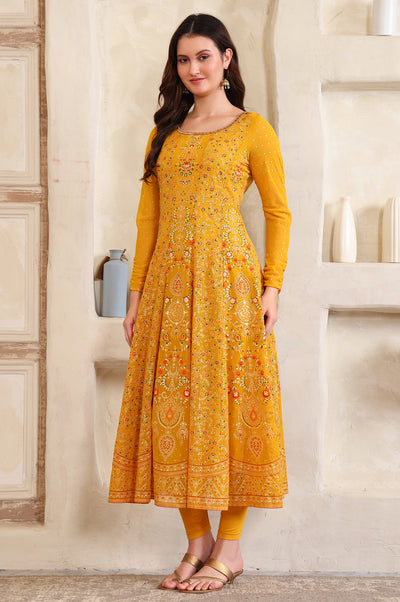 Yellow Floral Printed Hand Work Straight Georgette Kurta, Tight and Dupatta Set
