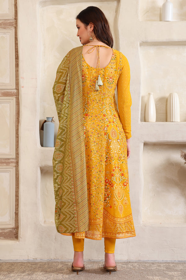 Yellow Floral Printed Hand Work Straight Georgette Kurta, Tight and Dupatta Set
