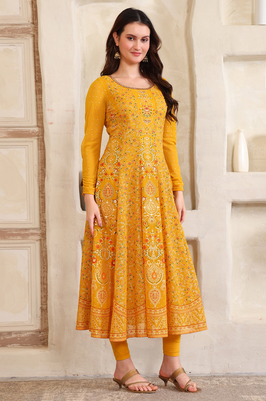 Yellow Floral Printed Hand Work Straight Georgette Kurta, Tight and Dupatta Set