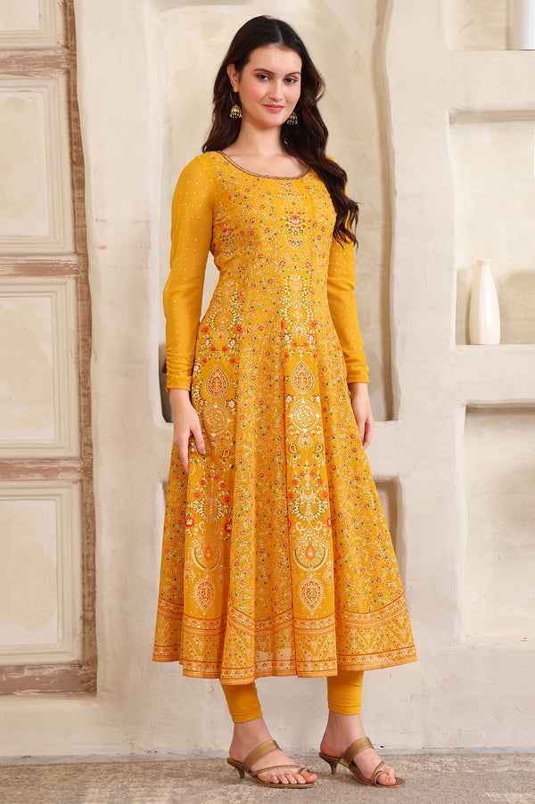 Yellow Floral Printed Hand Work Straight Georgette Kurta, Tight and Dupatta Set