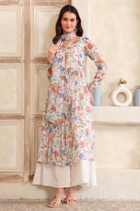 White Floral Printed Buttons Straight Kurta, Palazzo and Dupatta Set