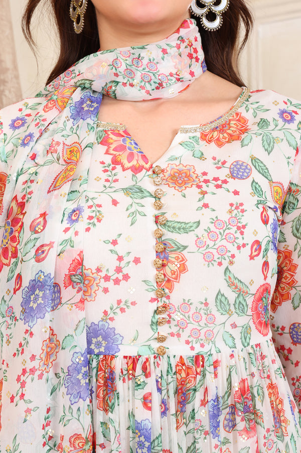 White Floral Printed Buttons Straight Kurta, Palazzo and Dupatta Set