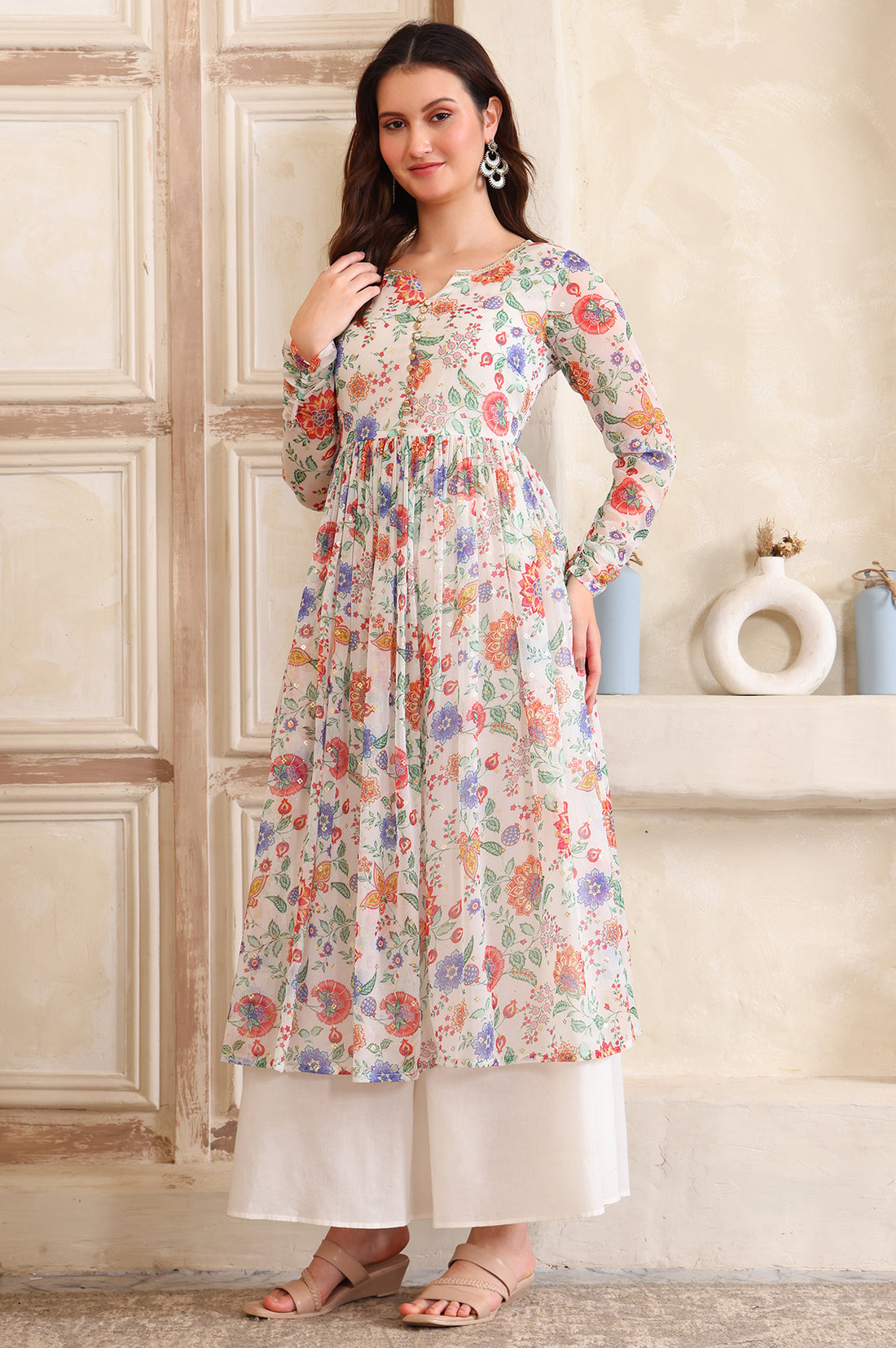 White Floral Printed Buttons Straight Kurta, Palazzo and Dupatta Set
