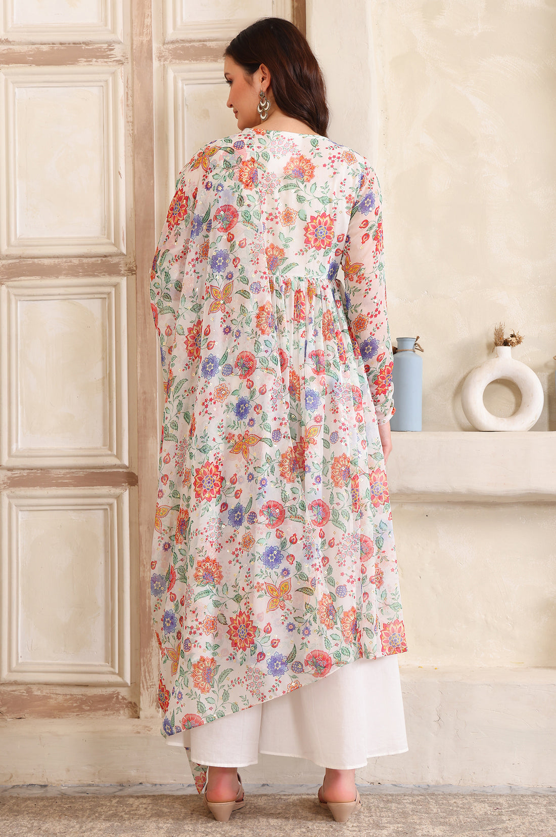 White Floral Printed Buttons Straight Kurta, Palazzo and Dupatta Set