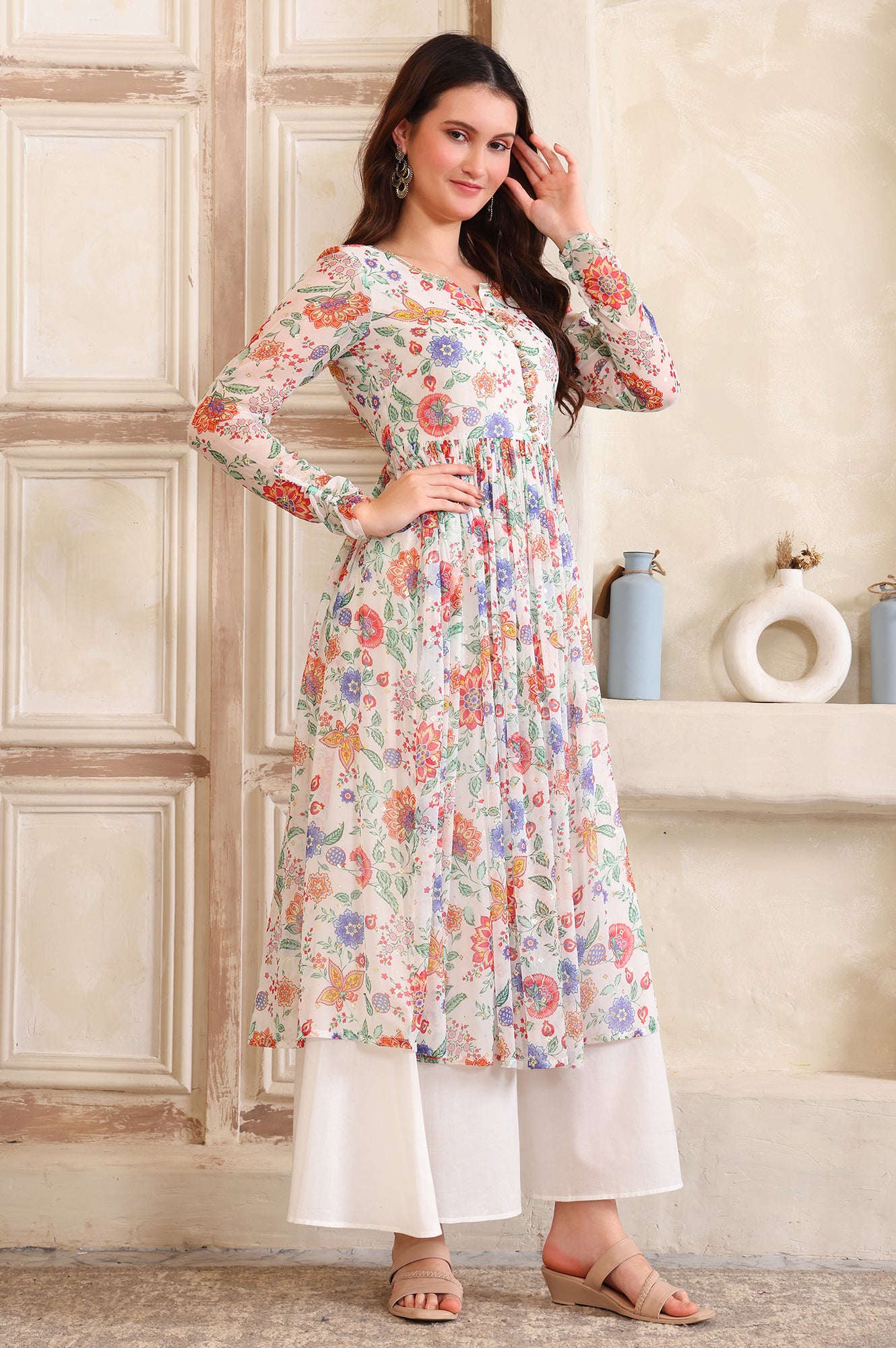 White Floral Printed Buttons Straight Kurta, Palazzo and Dupatta Set