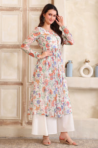 White Floral Printed Buttons Straight Kurta, Palazzo and Dupatta Set