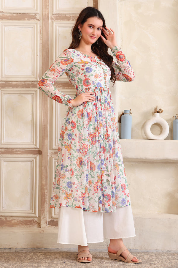 White Floral Printed Buttons Straight Kurta, Palazzo and Dupatta Set