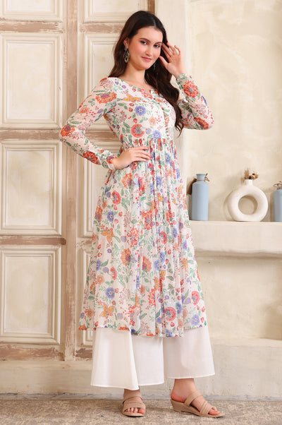 White Floral Printed Buttons Straight Kurta, Palazzo and Dupatta Set
