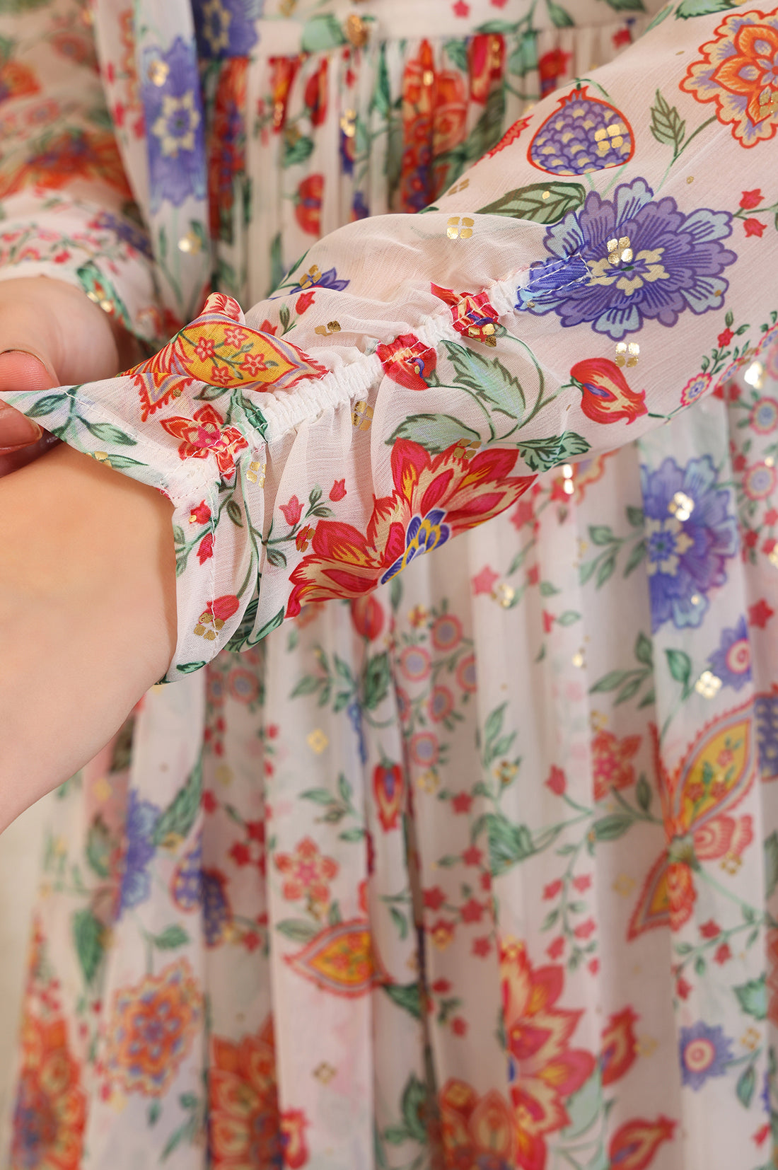 White Floral Printed Buttons Straight Kurta, Palazzo and Dupatta Set