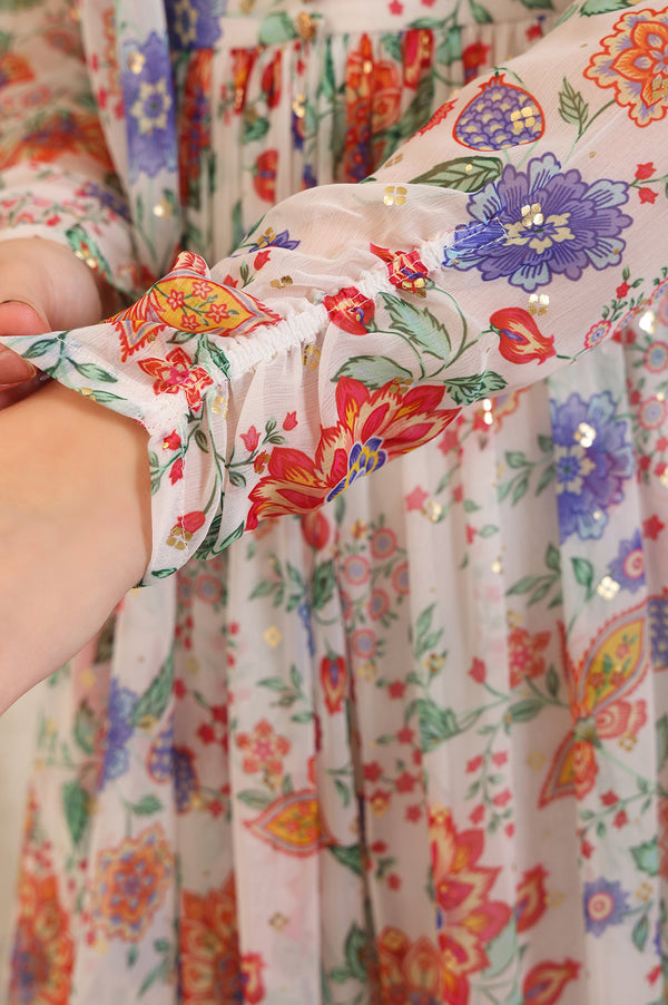 White Floral Printed Buttons Straight Kurta, Palazzo and Dupatta Set