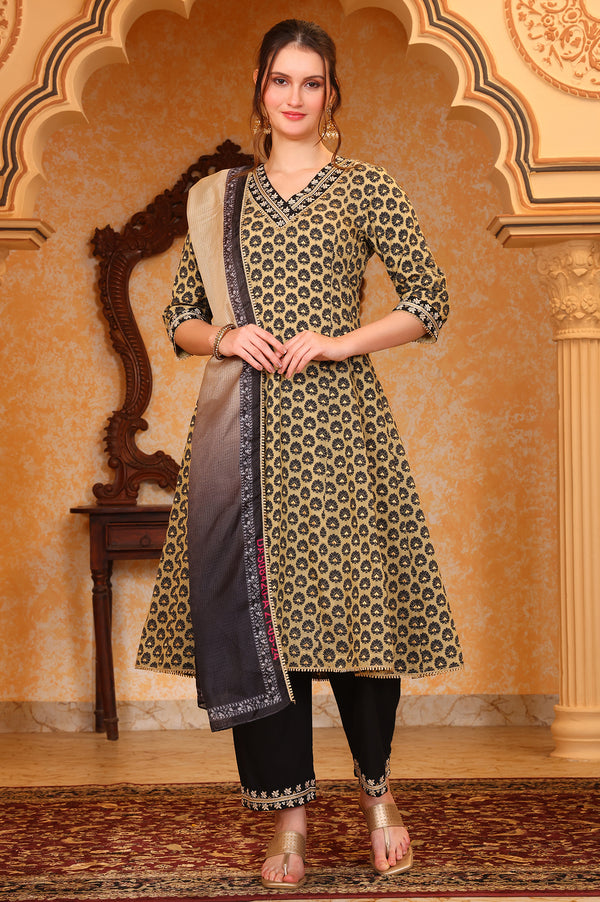 Black Ethnic Motifs Thread Embroidered A-Line Jacquard Kurta, Palazzo and Dupatta Set
