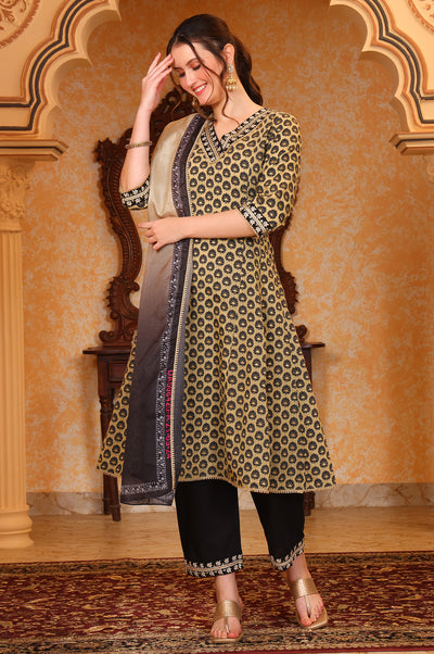 Black Ethnic Motifs Thread Embroidered A-Line Jacquard Kurta, Palazzo and Dupatta Set