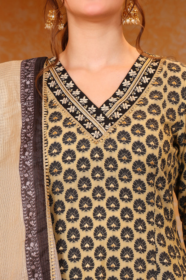 Black Ethnic Motifs Thread Embroidered A-Line Jacquard Kurta, Palazzo and Dupatta Set