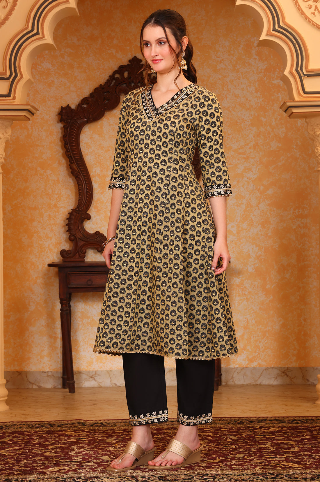 Black Ethnic Motifs Thread Embroidered A-Line Jacquard Kurta, Palazzo and Dupatta Set