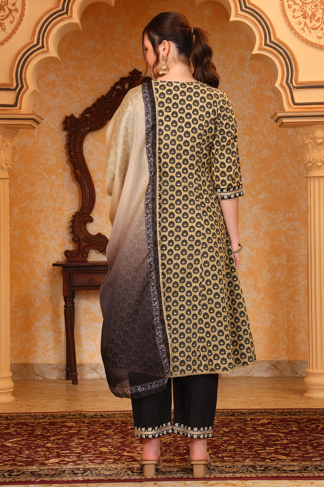 Black Ethnic Motifs Thread Embroidered A-Line Jacquard Kurta, Palazzo and Dupatta Set