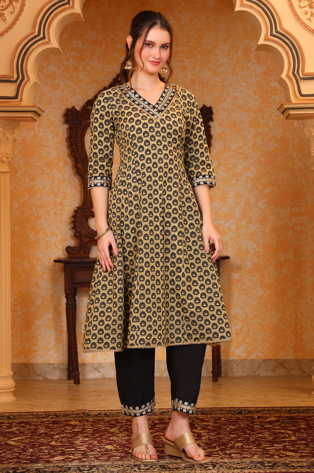 Black Ethnic Motifs Thread Embroidered A-Line Jacquard Kurta, Palazzo and Dupatta Set