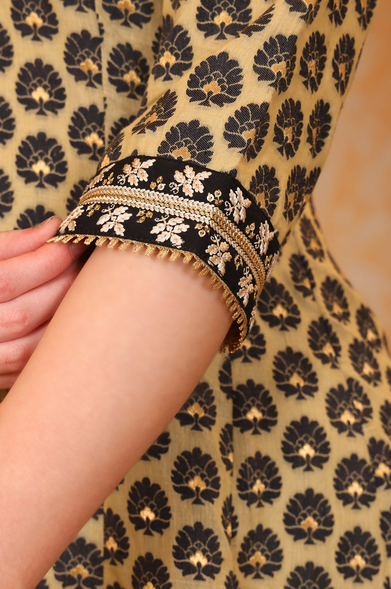 Black Ethnic Motifs Thread Embroidered A-Line Jacquard Kurta, Palazzo and Dupatta Set