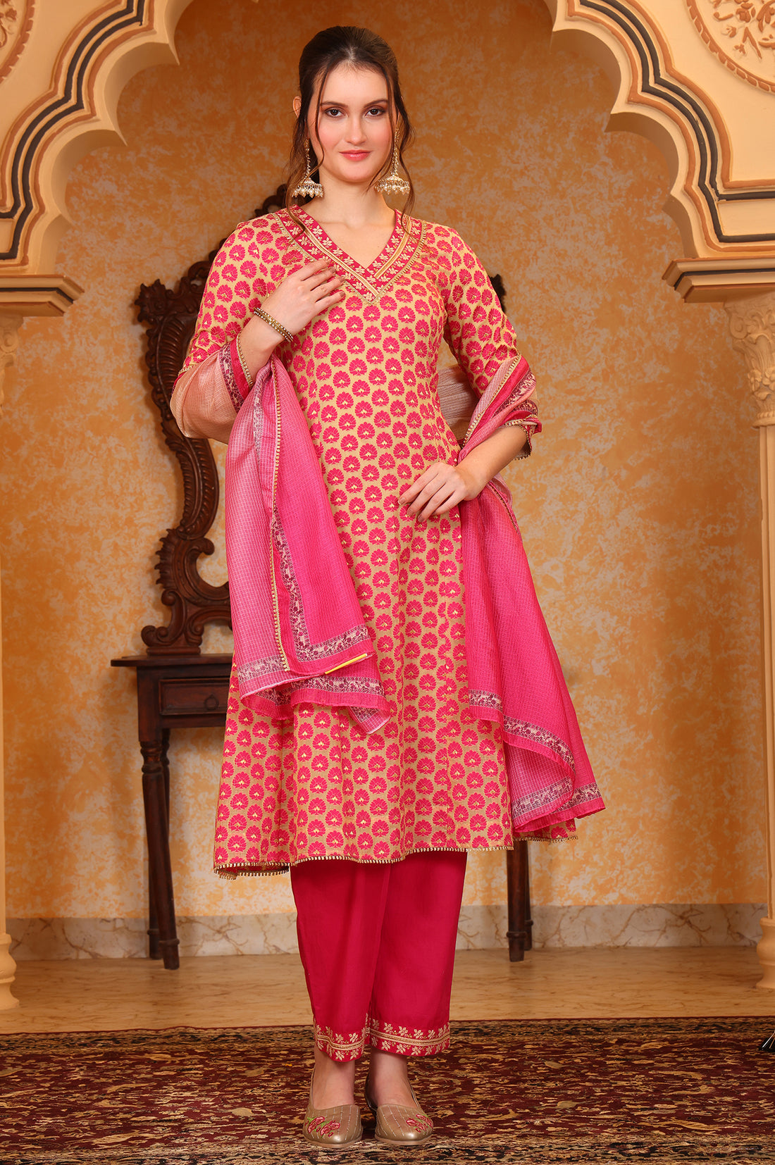 Pink Ethnic Motifs Thread Embroidered A-line Jacquard Kurta, Palazzo and Dupatta Set