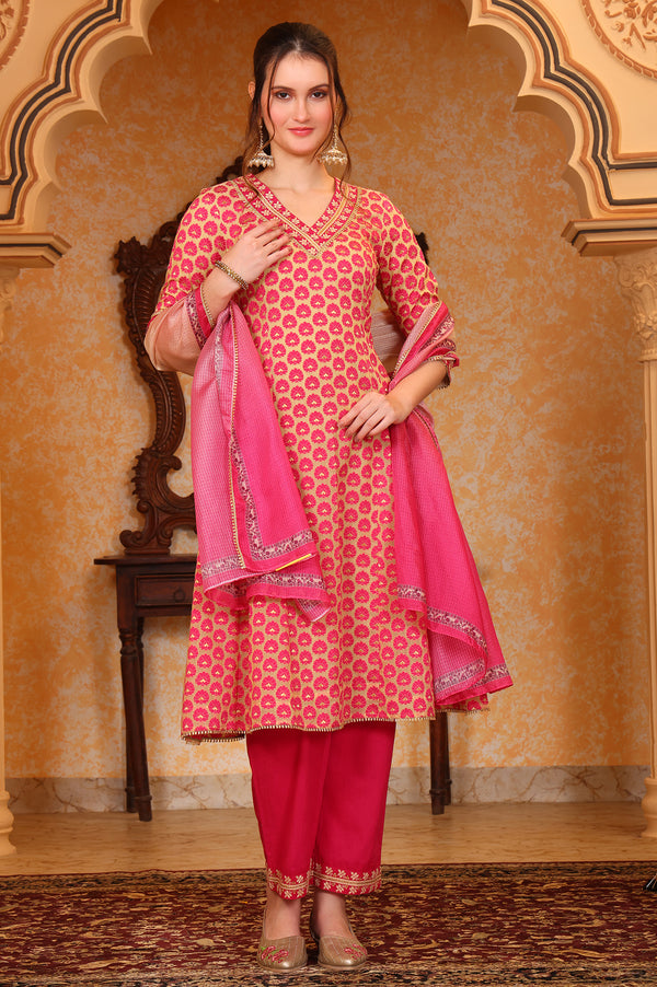 Pink Ethnic Motifs Thread Embroidered A-line Jacquard Kurta, Palazzo and Dupatta Set