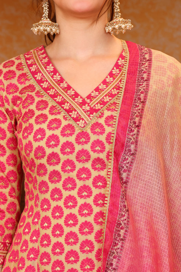 Pink Ethnic Motifs Thread Embroidered A-line Jacquard Kurta, Palazzo and Dupatta Set