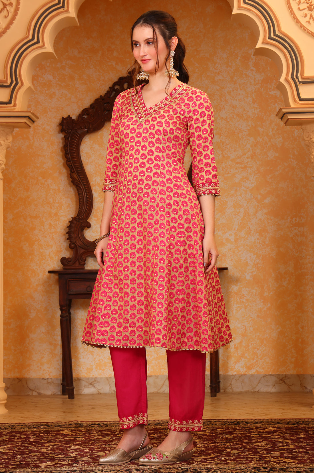 Pink Ethnic Motifs Thread Embroidered A-line Jacquard Kurta, Palazzo and Dupatta Set