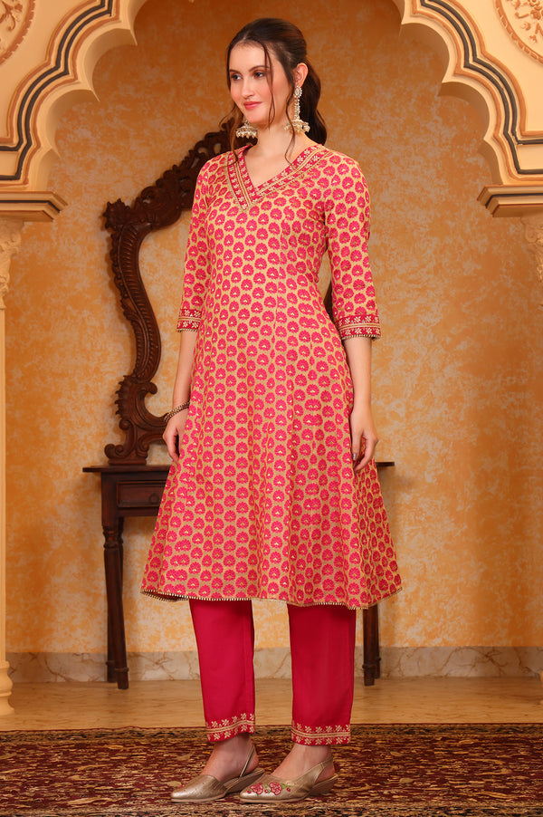 Pink Ethnic Motifs Thread Embroidered A-line Jacquard Kurta, Palazzo and Dupatta Set