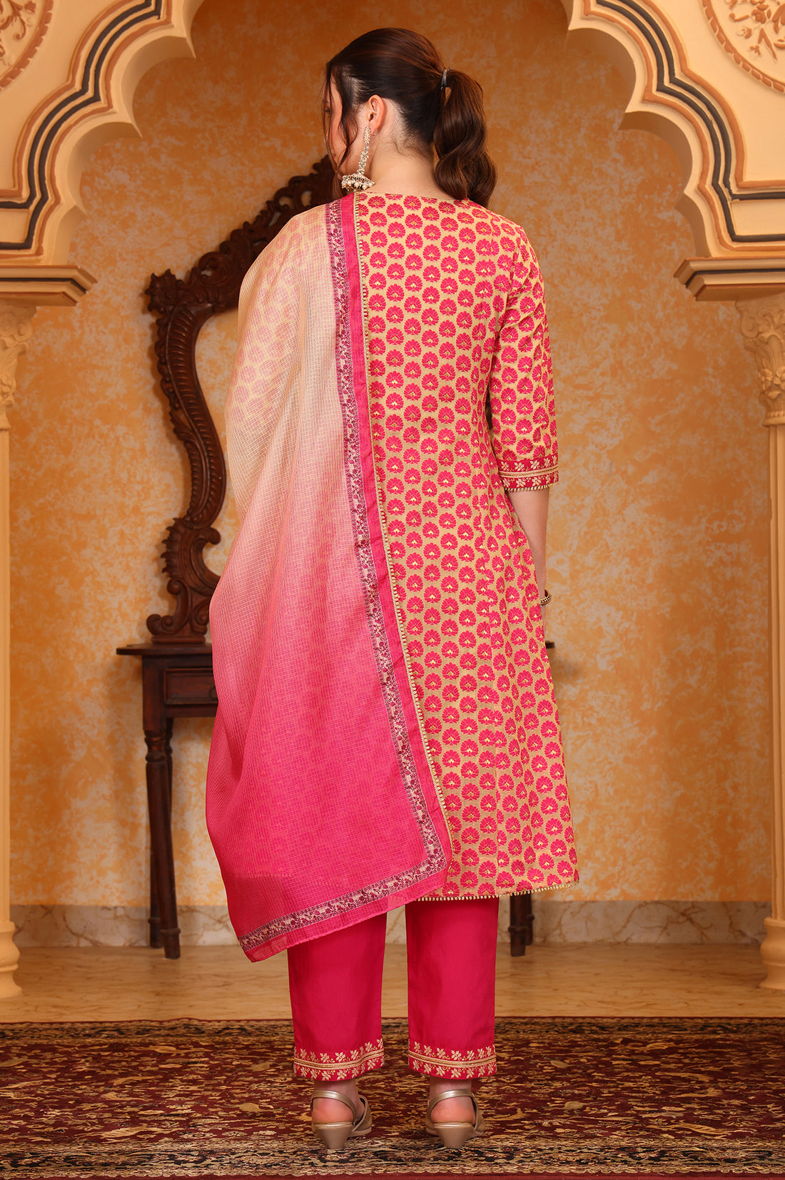 Pink Ethnic Motifs Thread Embroidered A-line Jacquard Kurta, Palazzo and Dupatta Set