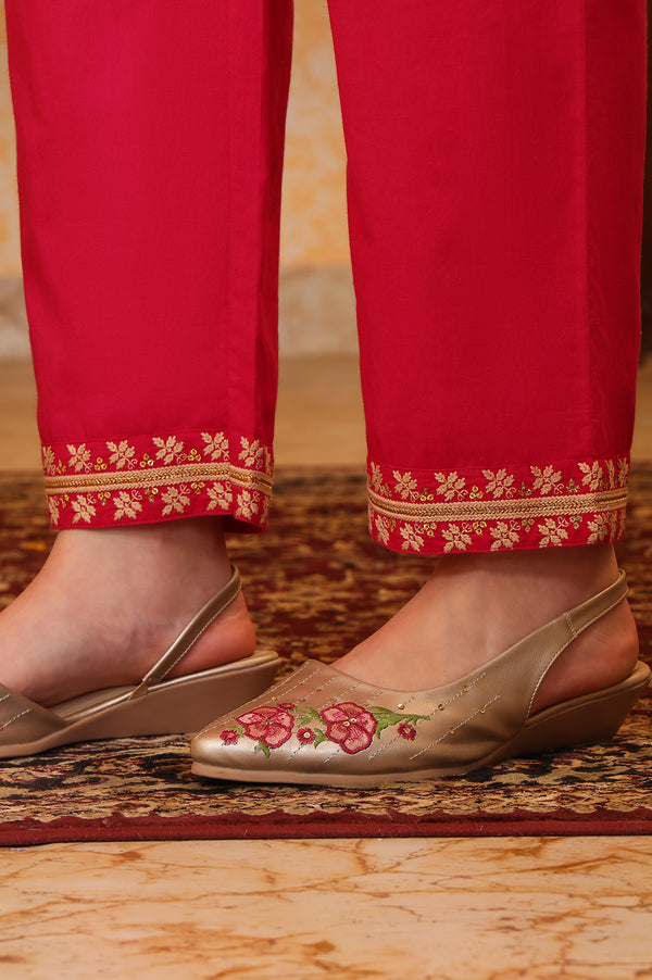 Pink Ethnic Motifs Thread Embroidered A-line Jacquard Kurta, Palazzo and Dupatta Set