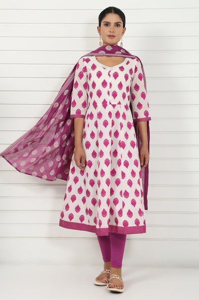 Off White Abstract Printed Beads Jacquard Anarkali Kurta, Legging And Dupatta Set