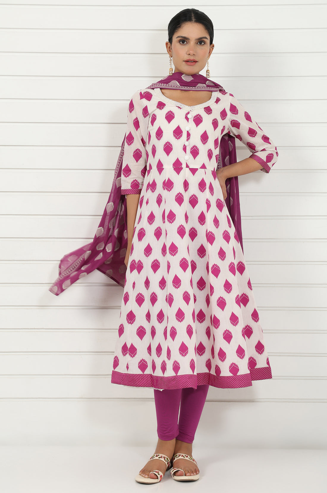 Off White Abstract Printed Beads Jacquard Anarkali Kurta, Legging And Dupatta Set